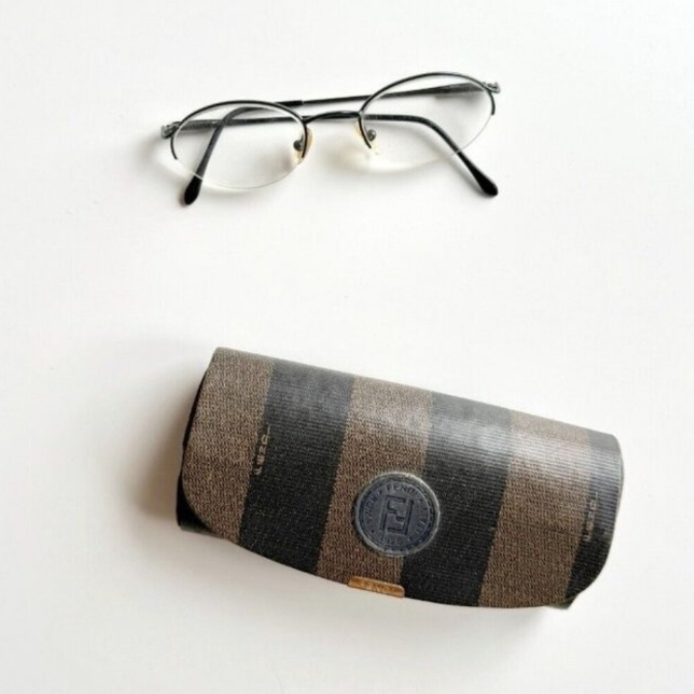Vintage FENDI Dark Green Metal Wire Round Oval Eyeglasses Frames w/ Case